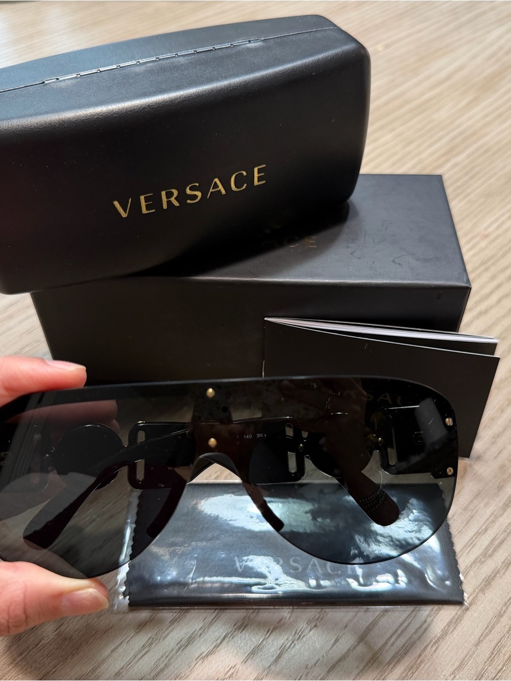 Versace Men’s Black Shield Sunglasses with Gold Accents